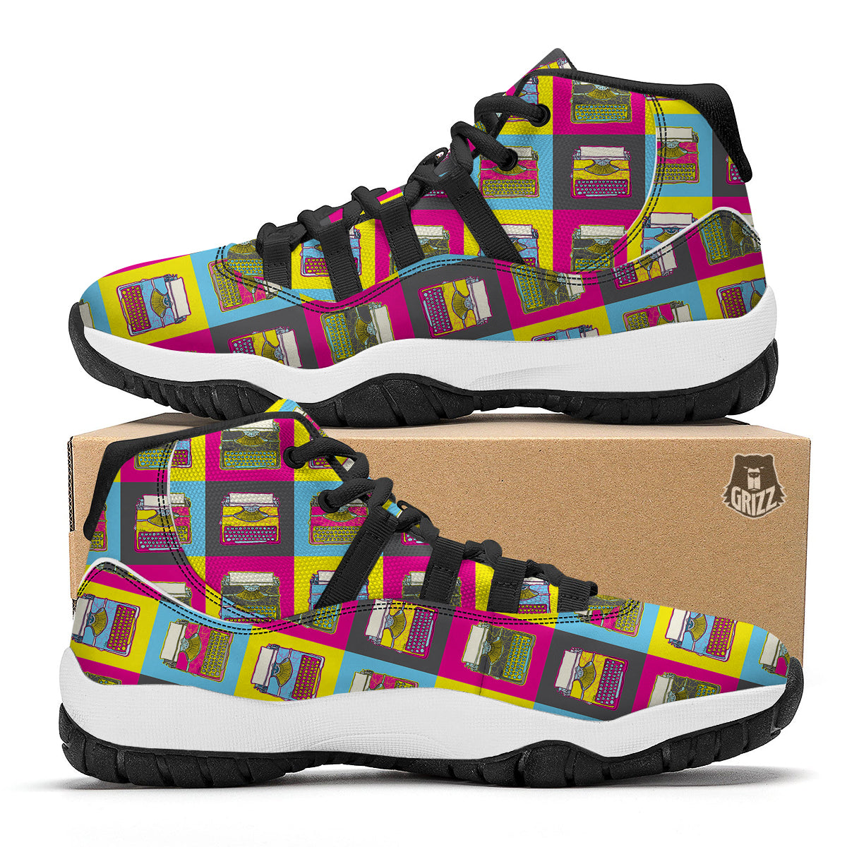 Typewriter Pattern Print Black Bball Shoes-grizzshop