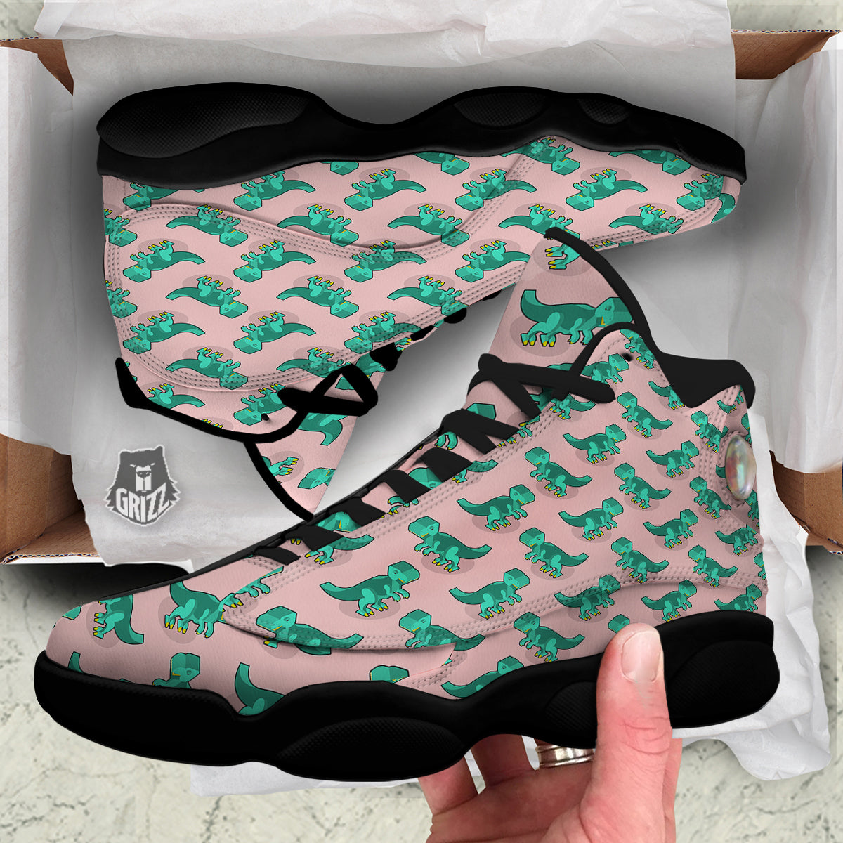 Tyrannosaurus Isometric Print Pattern Black Basketball Shoes-grizzshop