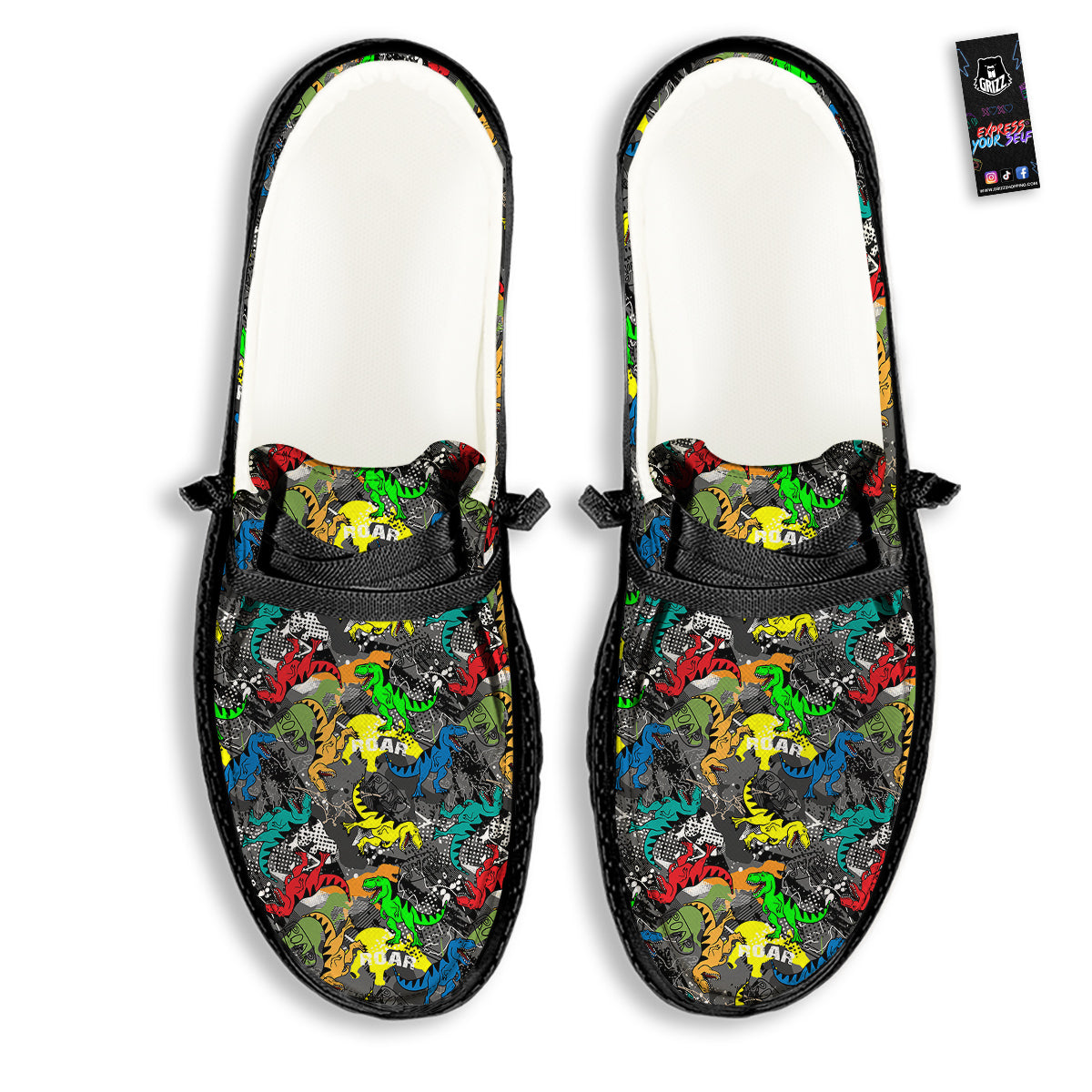 Tyrannosaurus Rex Colorful Print Black Loafers-grizzshop