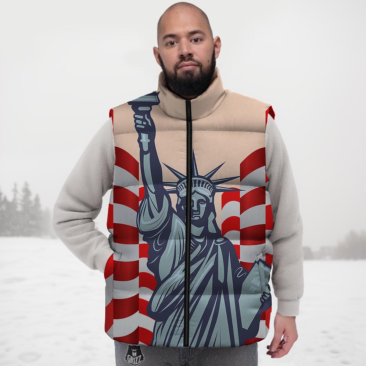 U S A Flag Statue of Liberty Print Down Vest