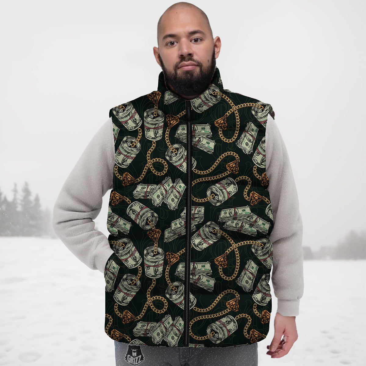 U S Dollar Print Pattern Down Vest-grizzshop