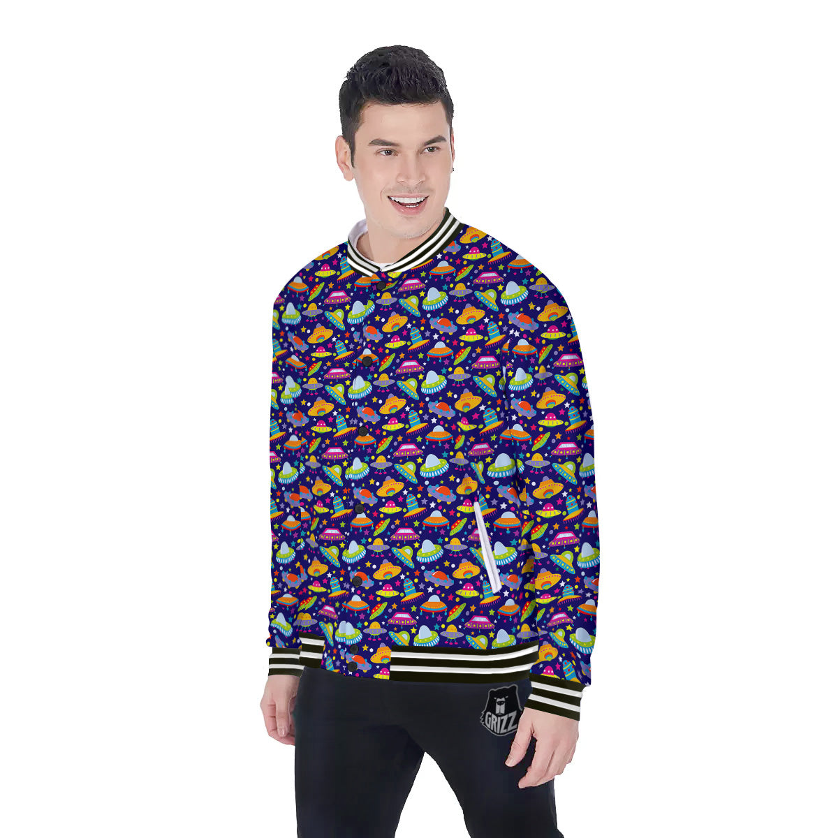 UFO Colorful Print Pattern Baseball Jacket-grizzshop