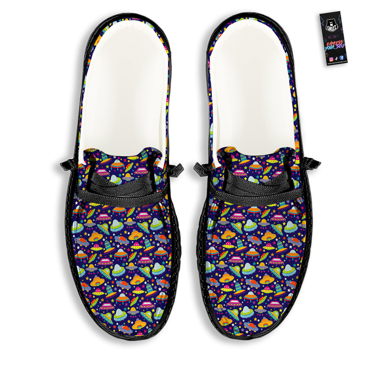 UFO Colorful Print Pattern Black Loafers-grizzshop