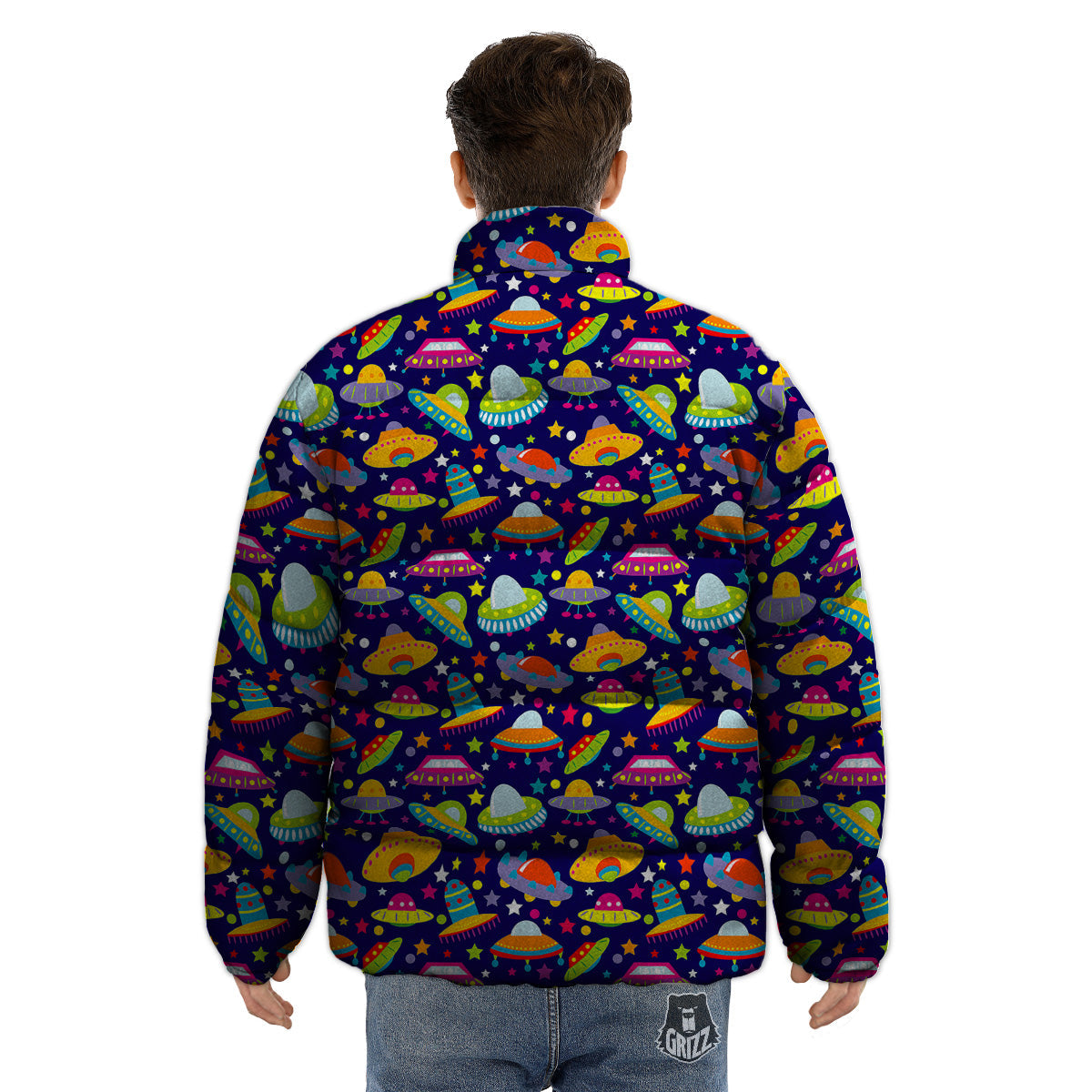 UFO Colorful Print Pattern Puffer Jacket-grizzshop