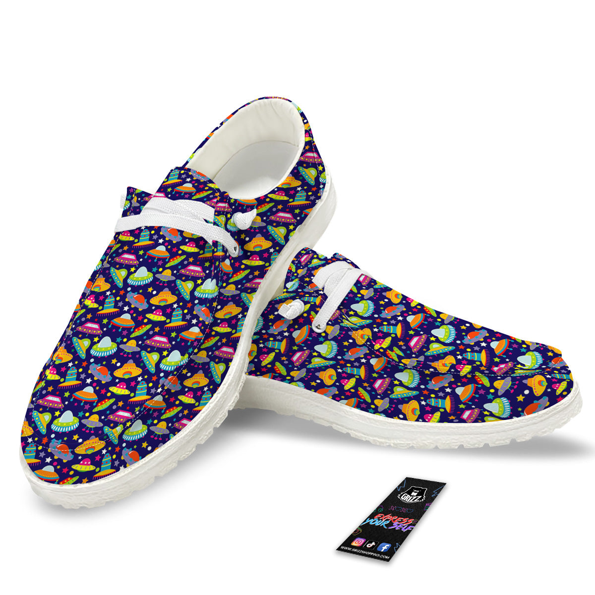 UFO Colorful Print Pattern White Loafers-grizzshop