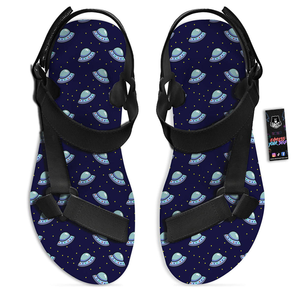 UFO Galaxy Print Pattern Black Open Toe Sandals-grizzshop
