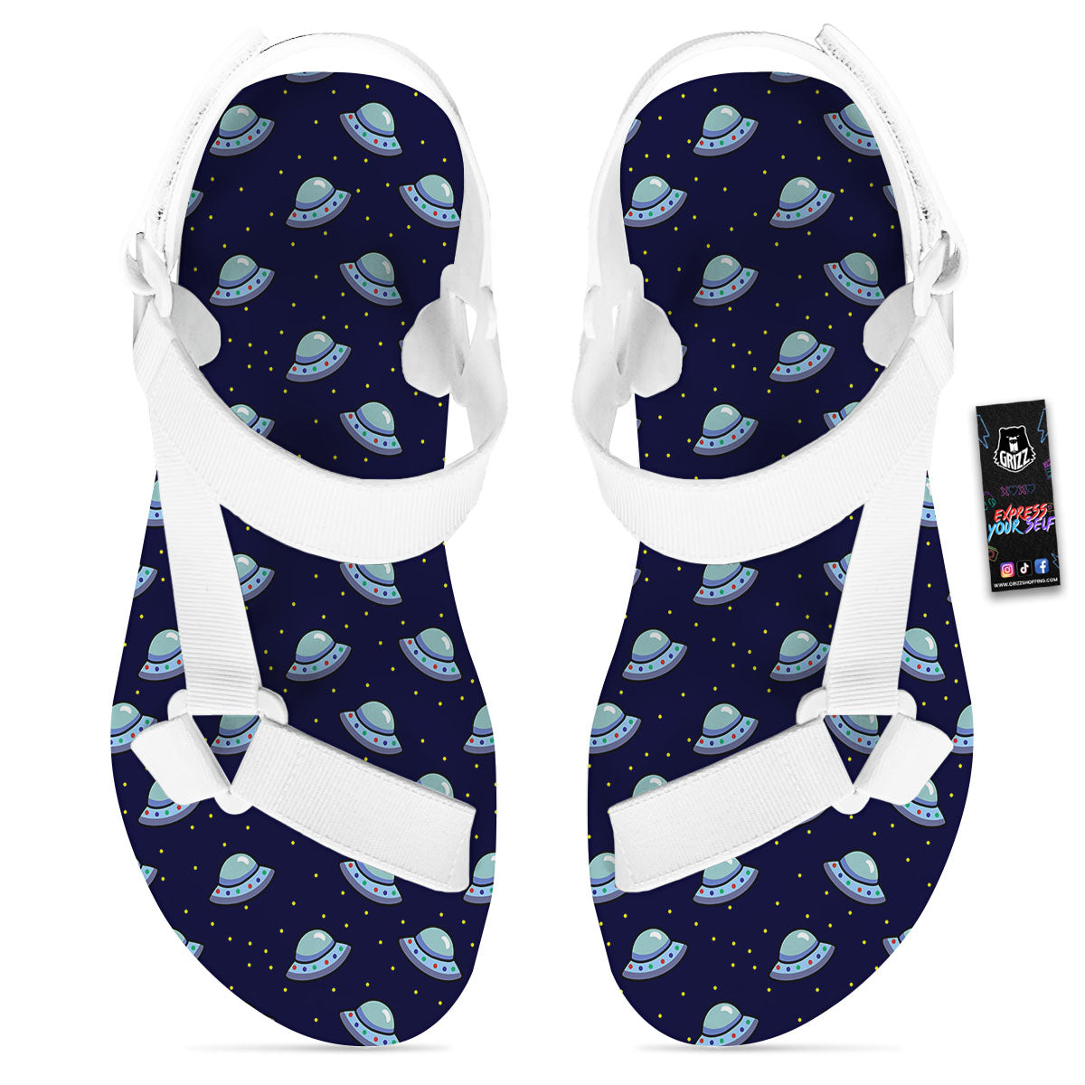 UFO Galaxy Print Pattern White Open Toe Sandals-grizzshop