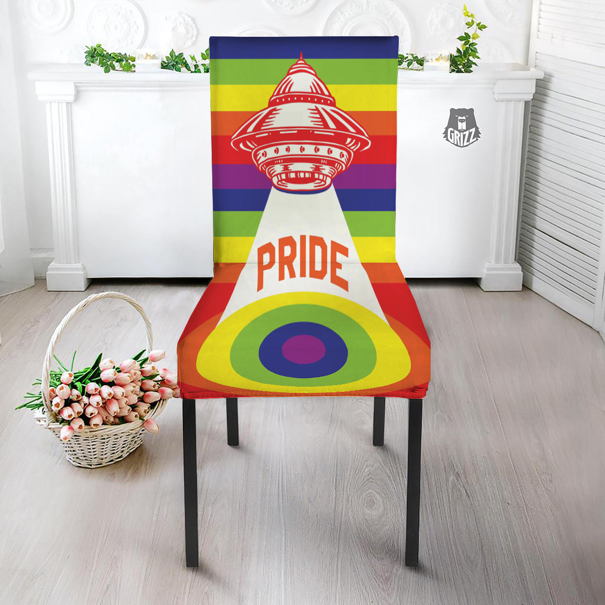 UFO LGBT Pride Rainbow Print Dining Chair Slipcover-grizzshop