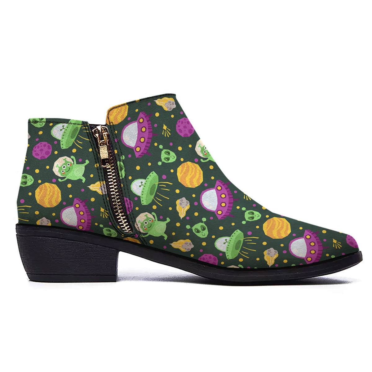 UFO Little Green Alien Print Pattern Ankle Boots-grizzshop