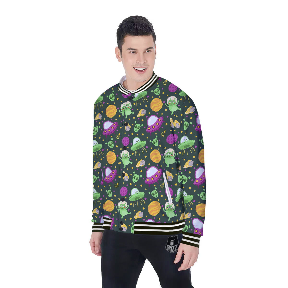 UFO Little Green Alien Print Pattern Baseball Jacket-grizzshop
