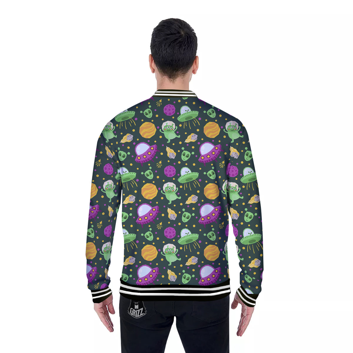 UFO Little Green Alien Print Pattern Baseball Jacket-grizzshop