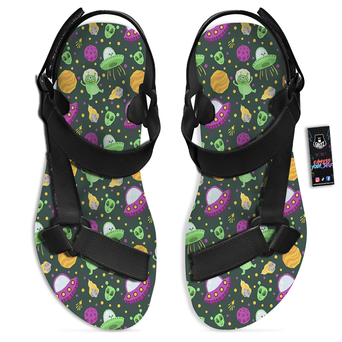 UFO Little Green Alien Print Pattern Black Open Toe Sandals-grizzshop