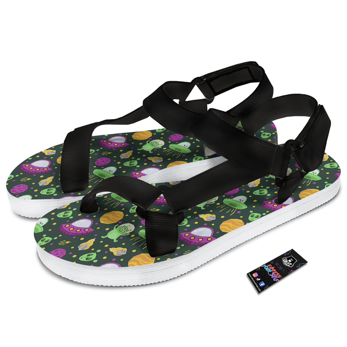 UFO Little Green Alien Print Pattern Black Open Toe Sandals-grizzshop