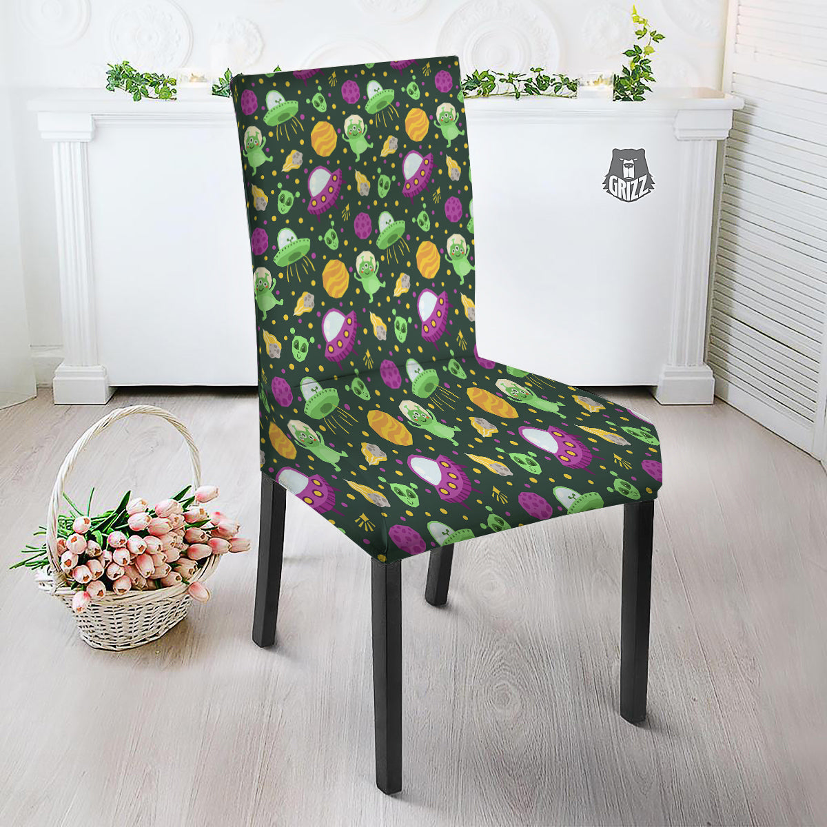 UFO Little Green Alien Print Pattern Dining Chair Slipcover-grizzshop
