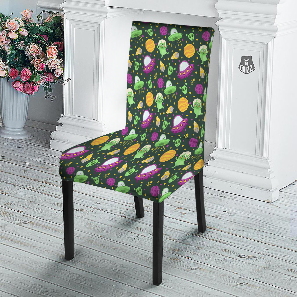 UFO Little Green Alien Print Pattern Dining Chair Slipcover-grizzshop
