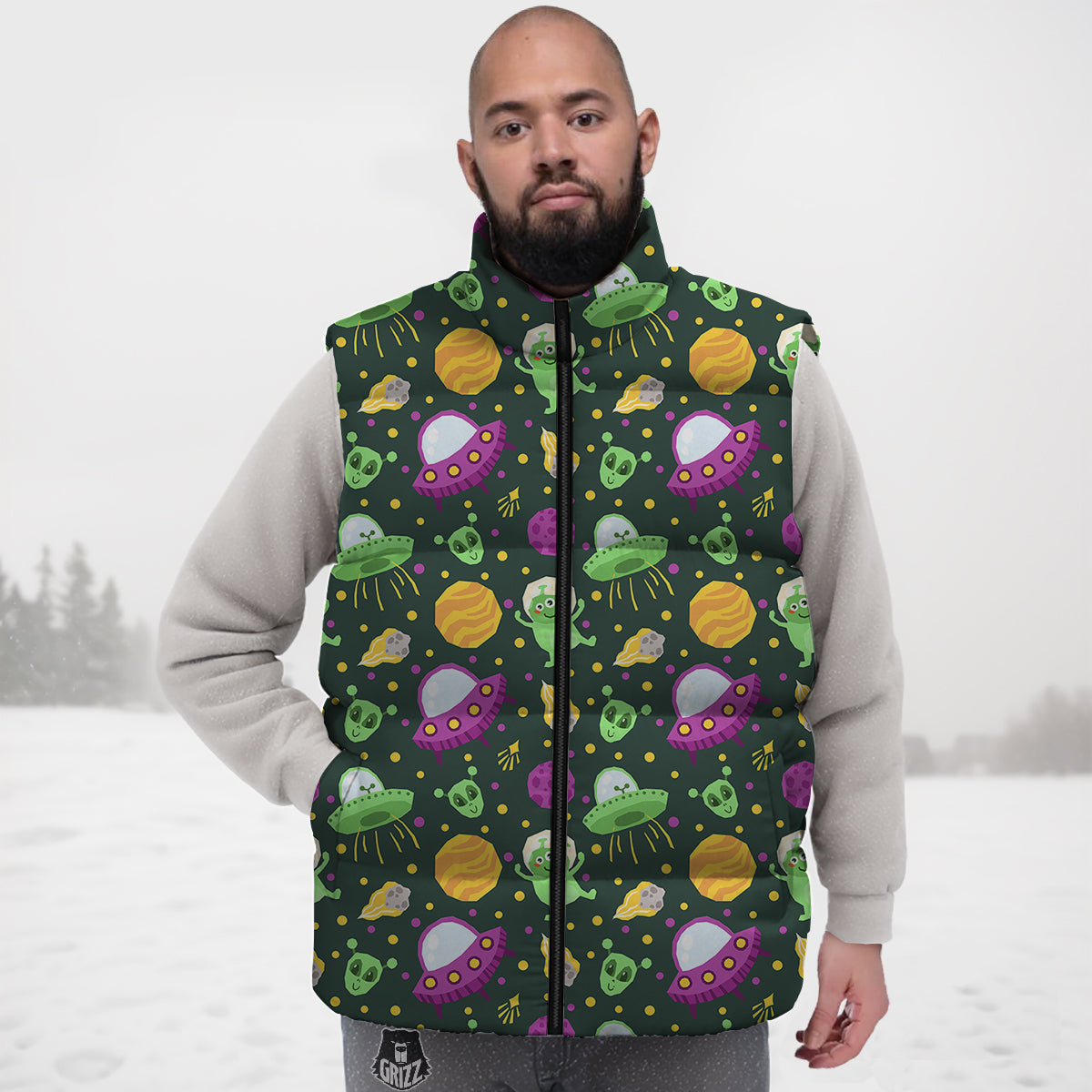 UFO Little Green Alien Print Pattern Down Vest