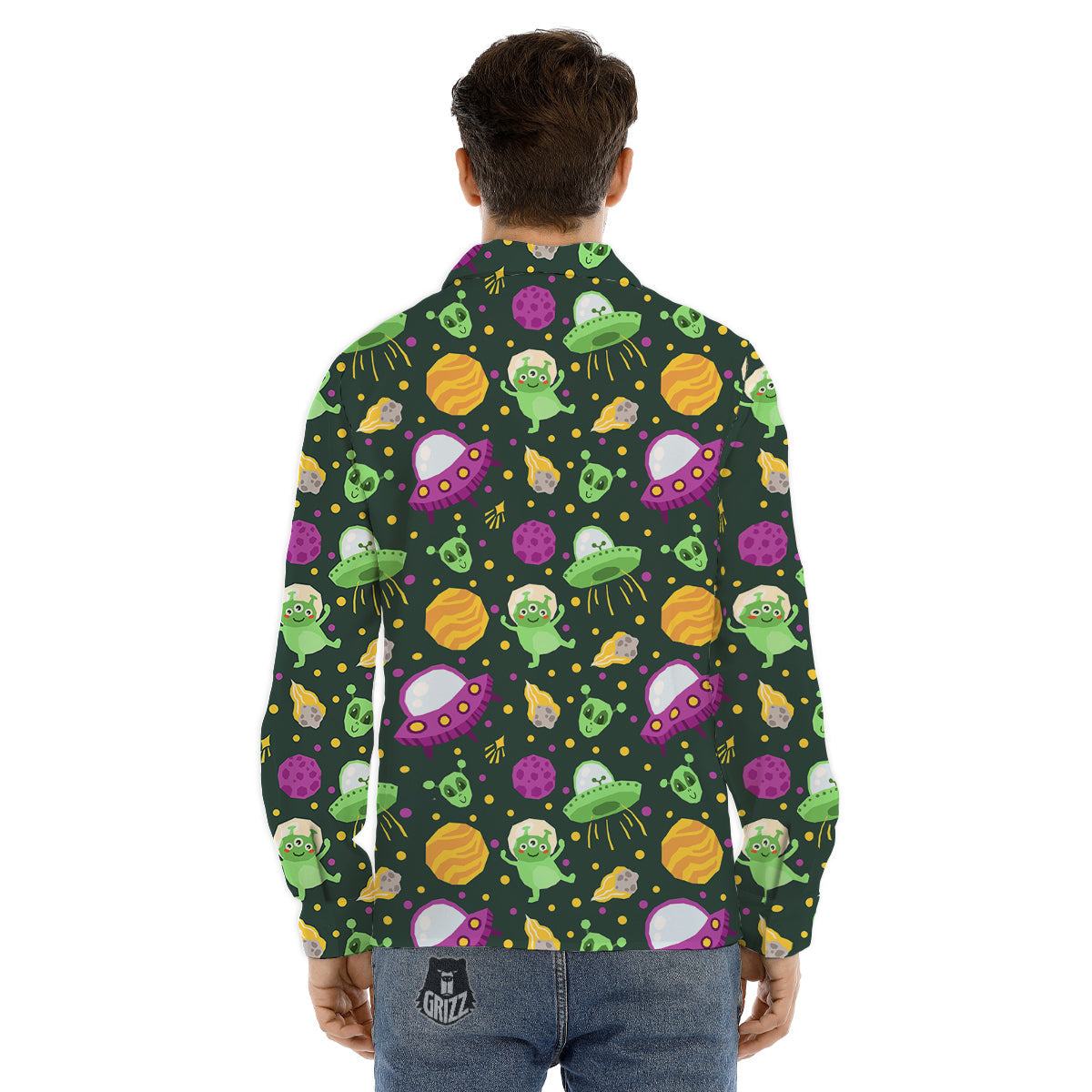 UFO Little Green Alien Print Pattern Men's Dress Shirts-grizzshop