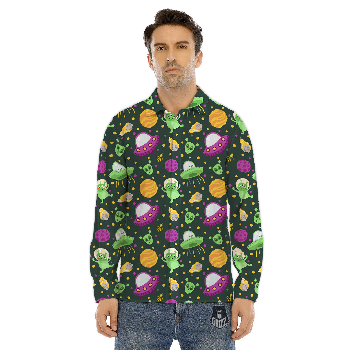 UFO Little Green Alien Print Pattern Men's Dress Shirts-grizzshop