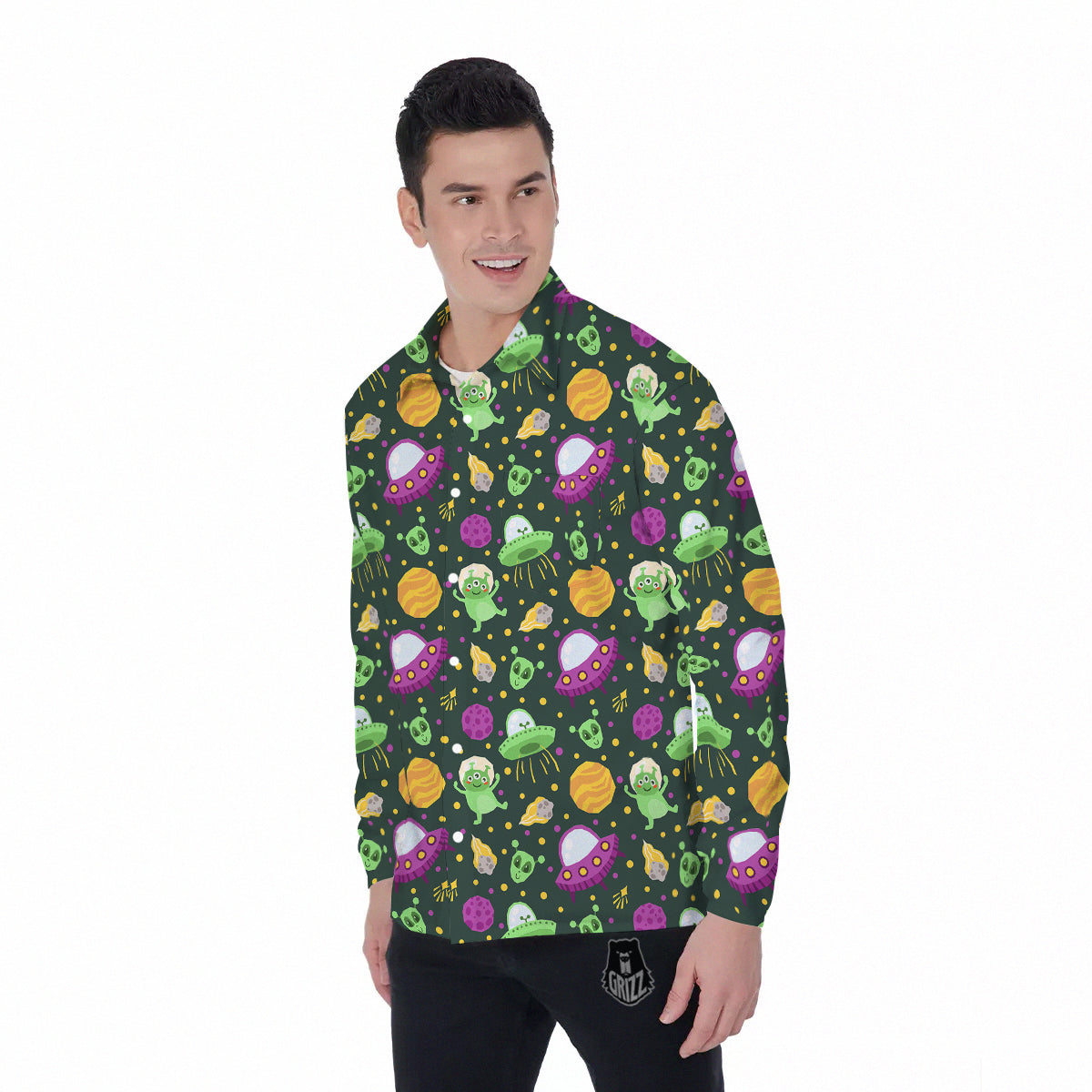 UFO Little Green Alien Print Pattern Men's Long Sleeve Shirts-grizzshop