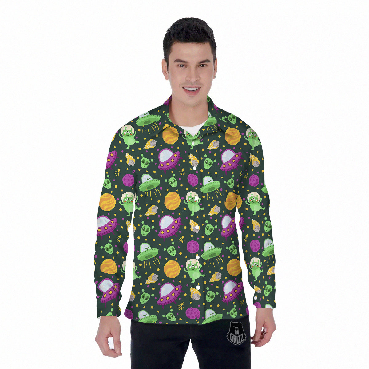 UFO Little Green Alien Print Pattern Men's Long Sleeve Shirts-grizzshop