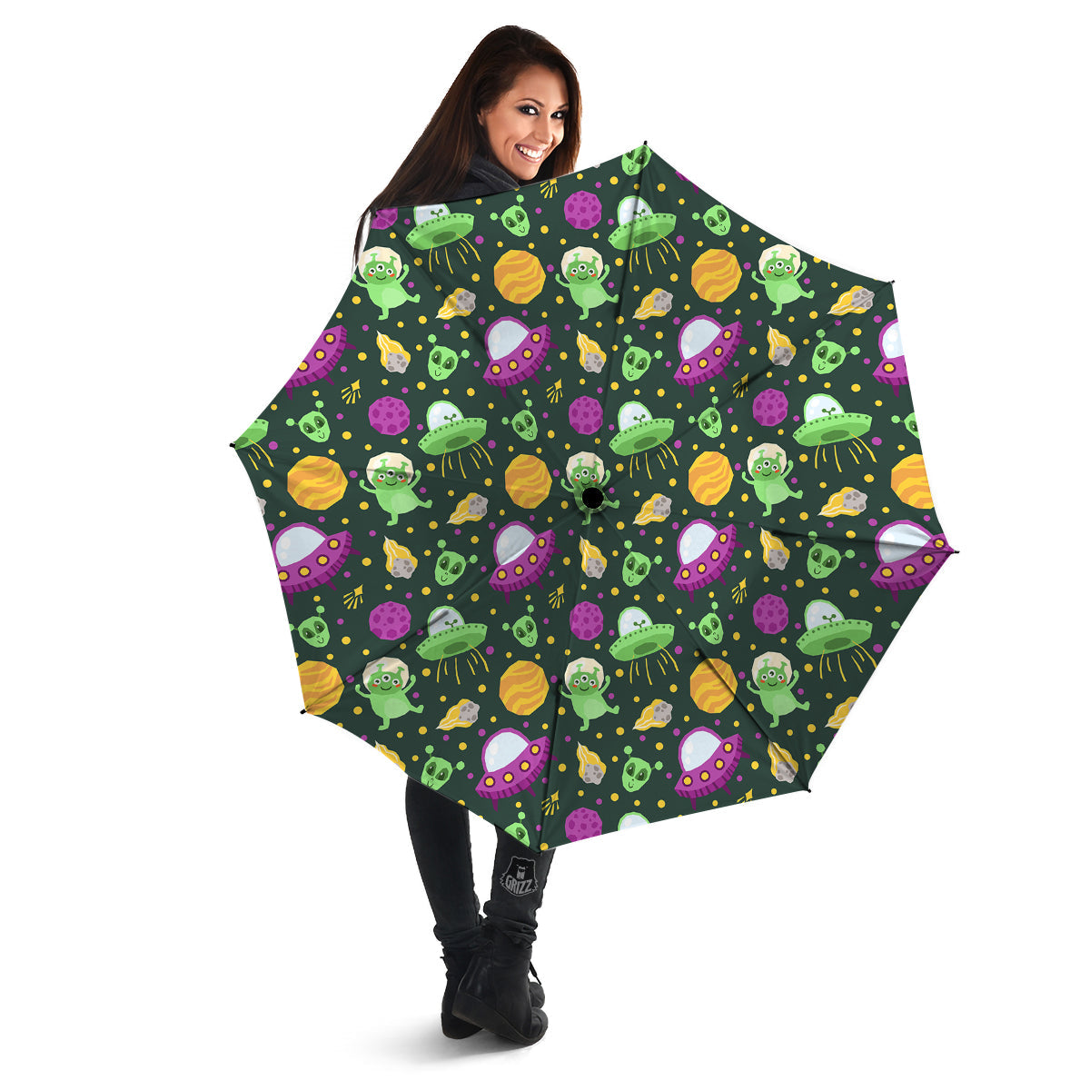 UFO Little Green Alien Print Pattern Umbrella-grizzshop