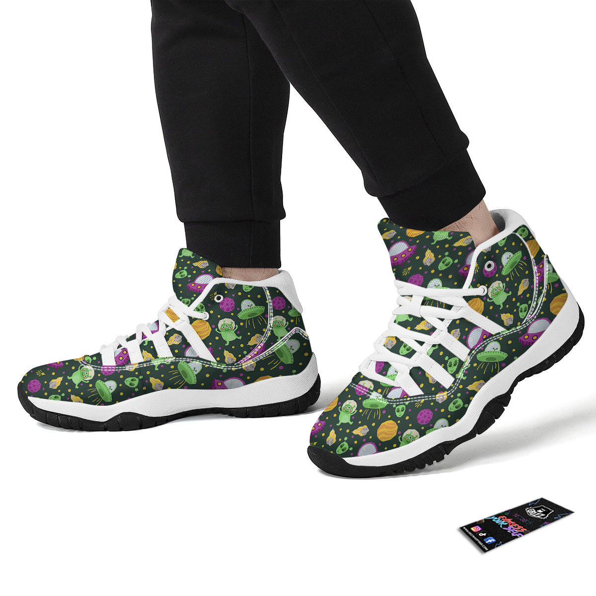 UFO Little Green Alien Print Pattern White Bball Shoes-grizzshop