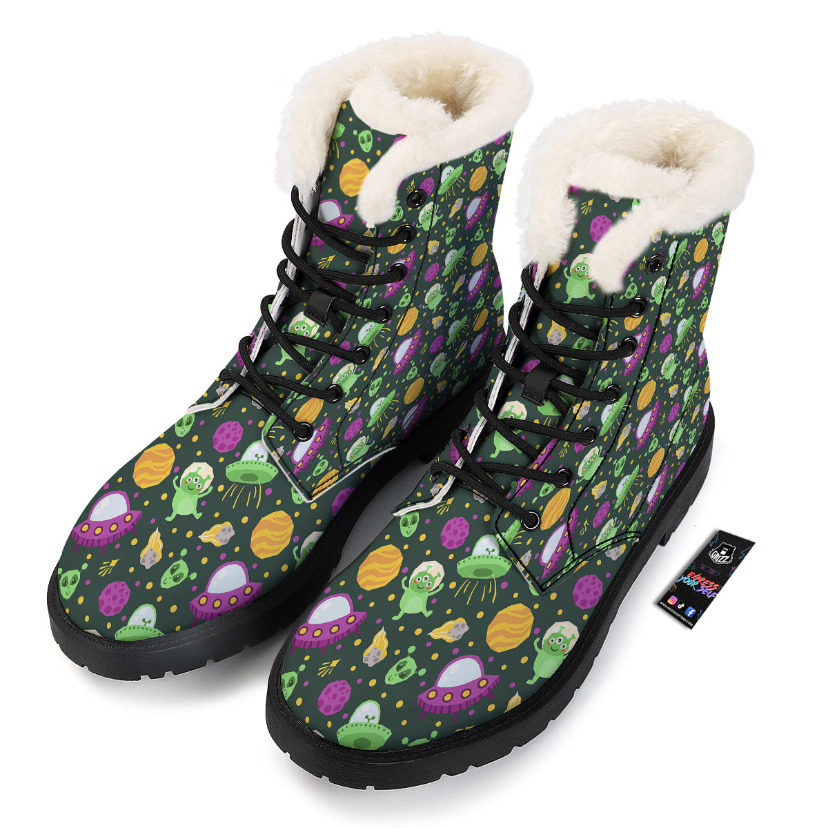UFO Little Green Alien Print Pattern Winter Boots-grizzshop