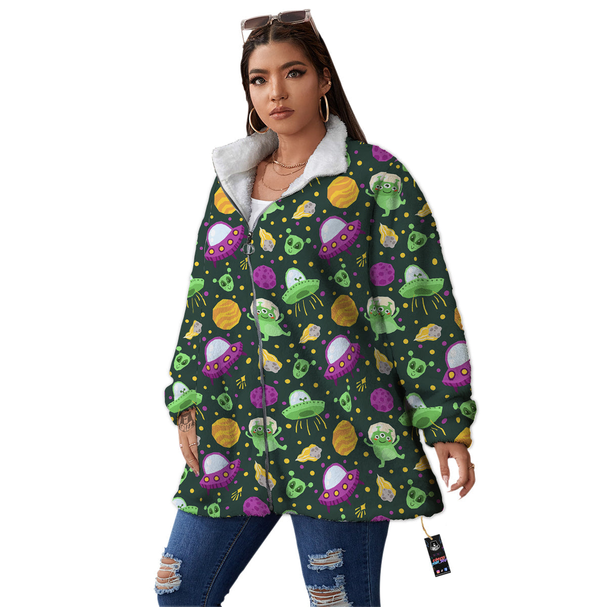 UFO Little Green Alien Print Pattern Women's Sherpa Jacket-grizzshop