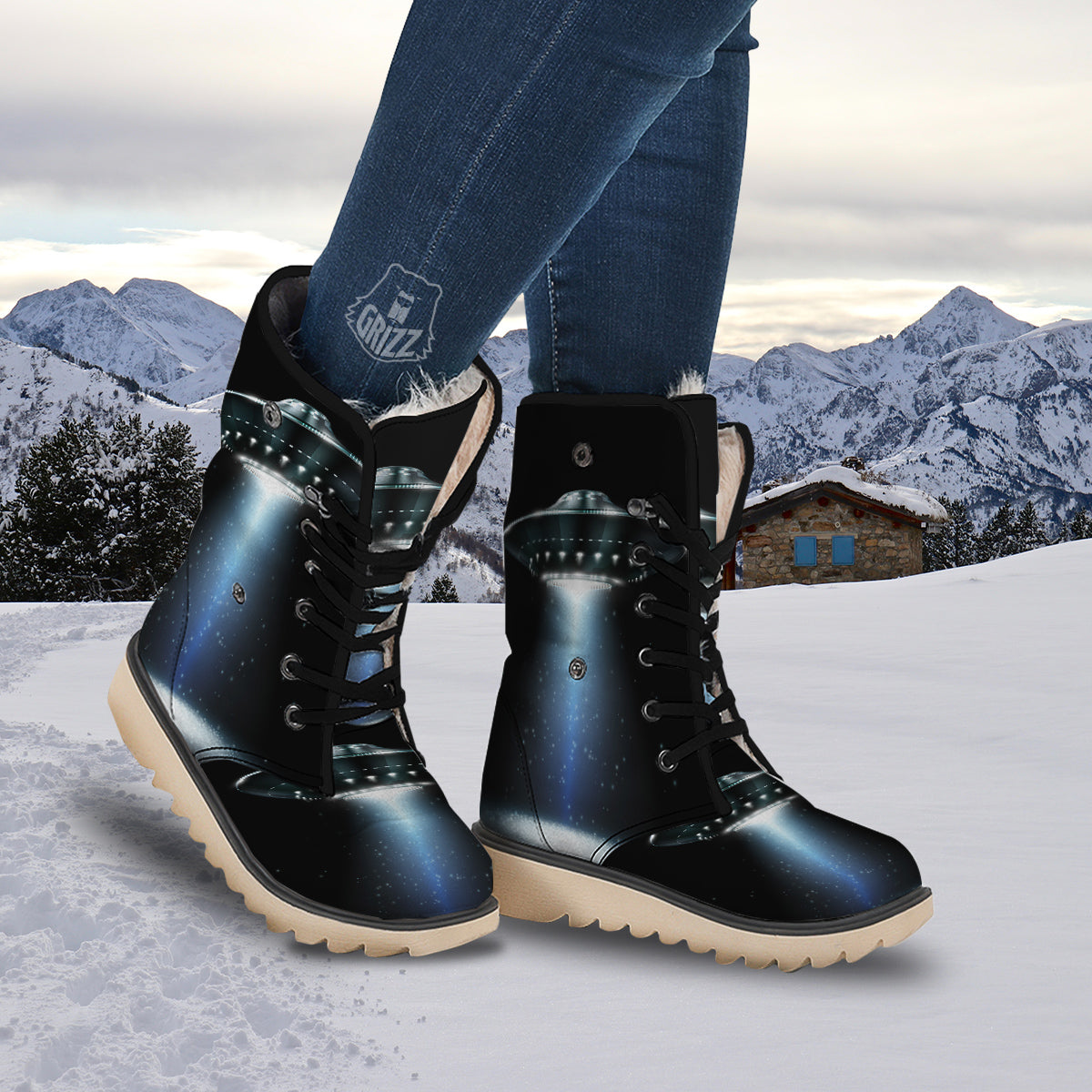 UFO Night Dark Print Snow Boots-grizzshop