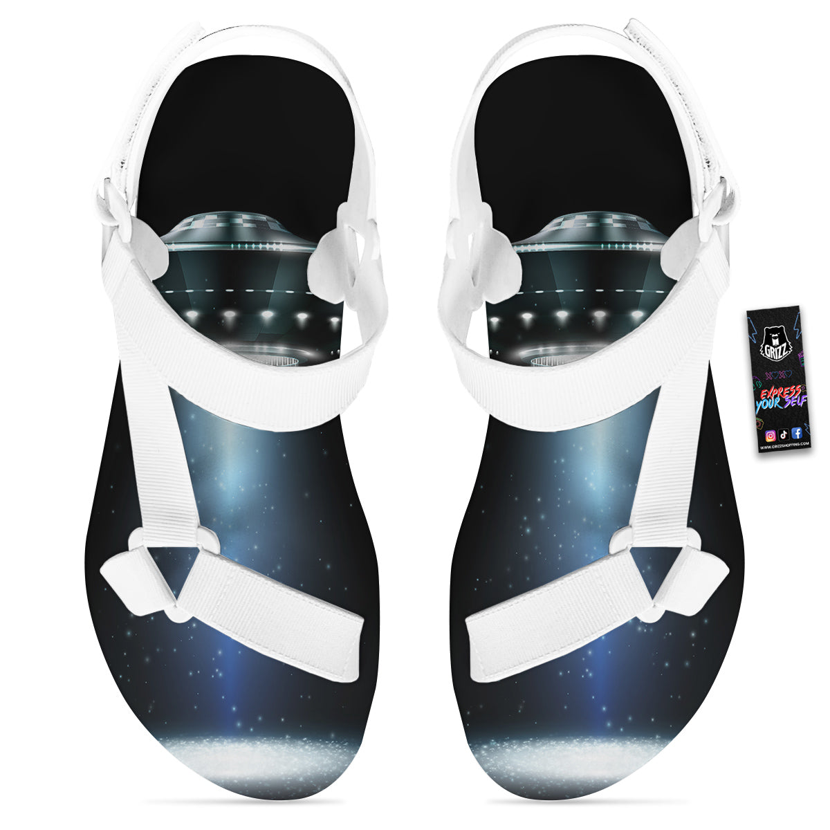 UFO Night Dark Print White Open Toe Sandals-grizzshop