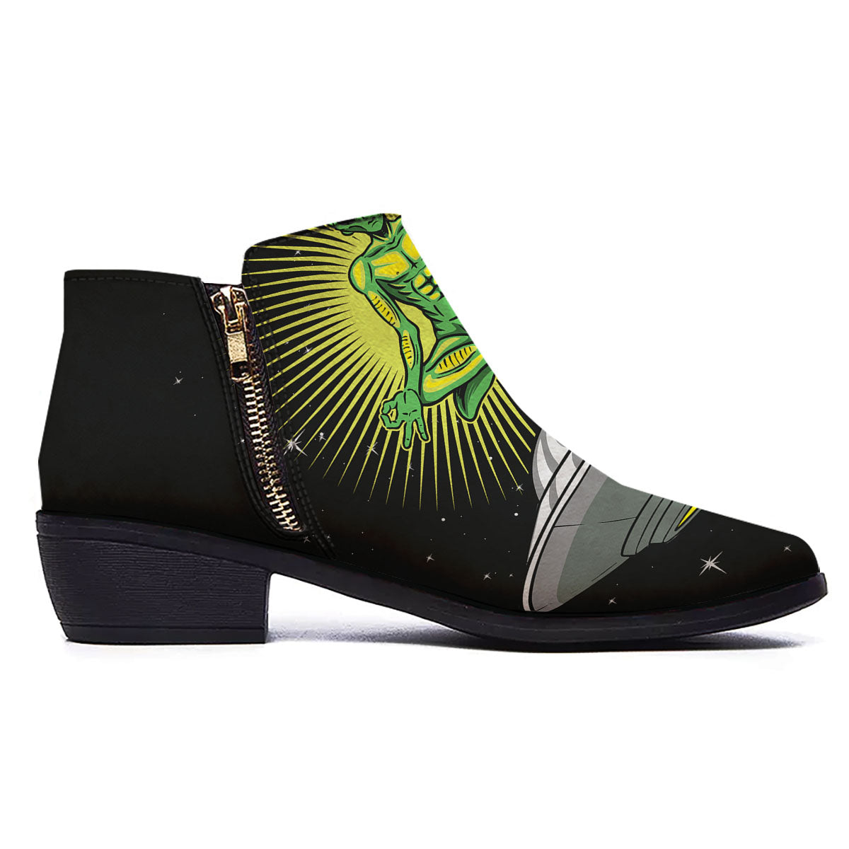 UFO Space Green Alien Print Ankle Boots-grizzshop