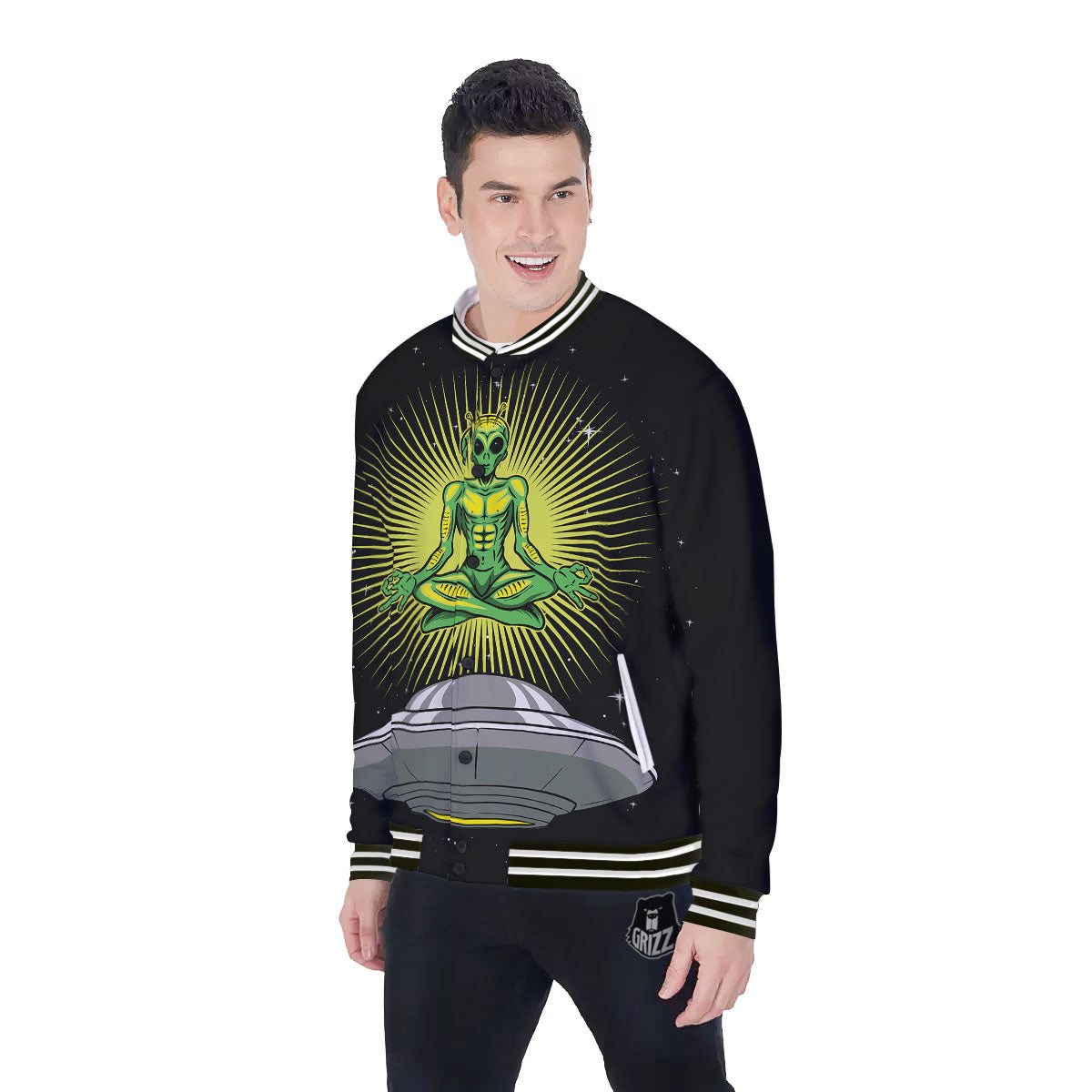 UFO Space Green Alien Print Baseball Jacket-grizzshop