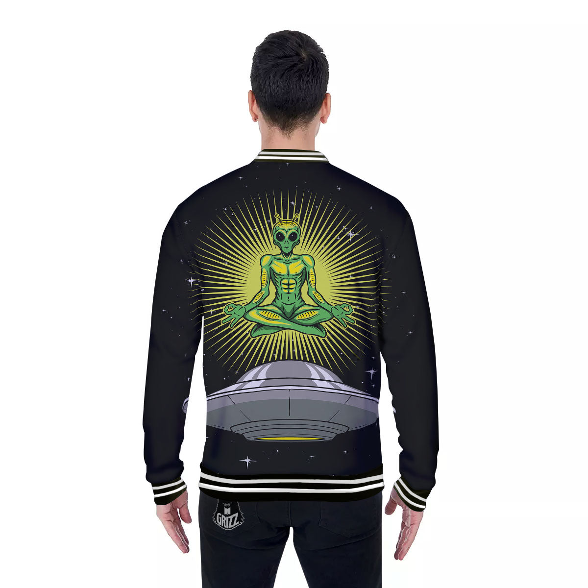 UFO Space Green Alien Print Baseball Jacket-grizzshop