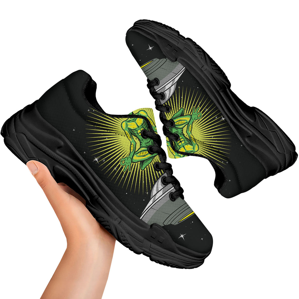 UFO Space Green Alien Print Black Chunky Shoes-grizzshop