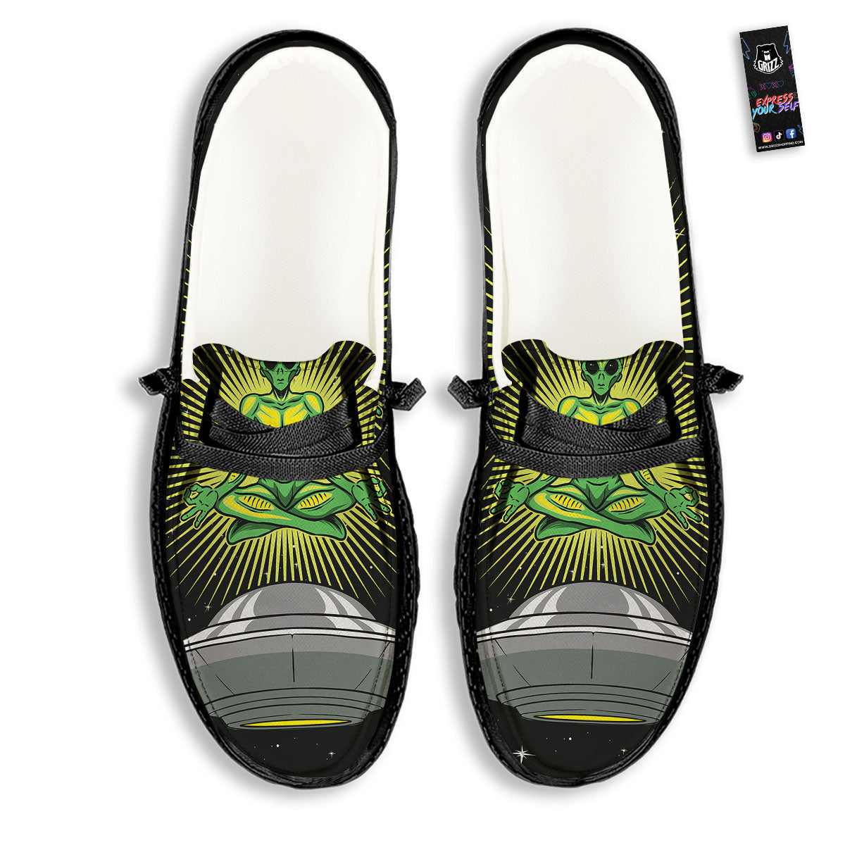 UFO Space Green Alien Print Black Loafers-grizzshop