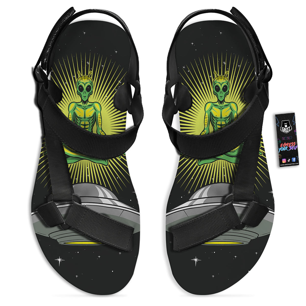 UFO Space Green Alien Print Black Open Toe Sandals-grizzshop