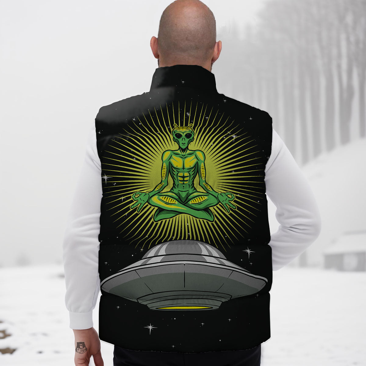 UFO Space Green Alien Print Down Vest-grizzshop