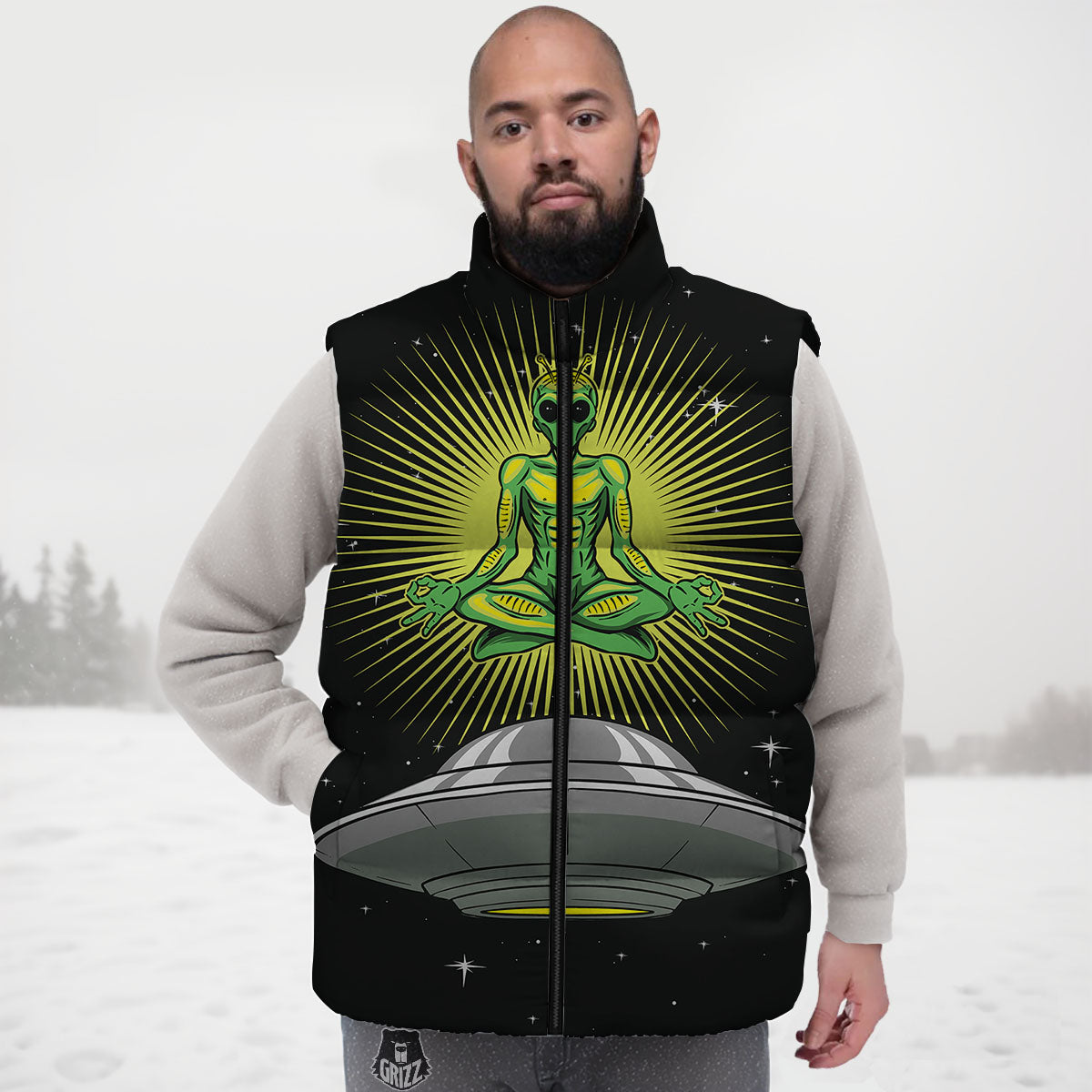 UFO Space Green Alien Print Down Vest-grizzshop