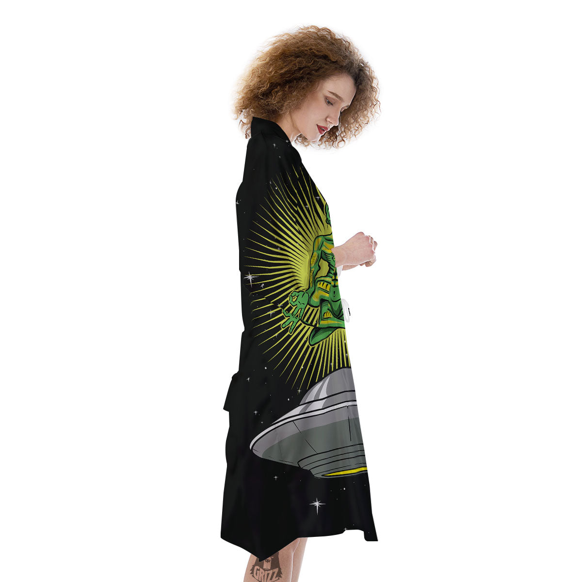 UFO Space Green Alien Print Kimono-grizzshop
