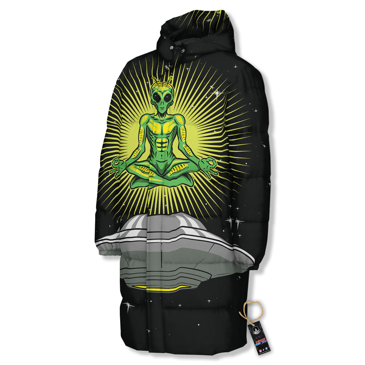UFO Space Green Alien Print Long Down Jacket-grizzshop