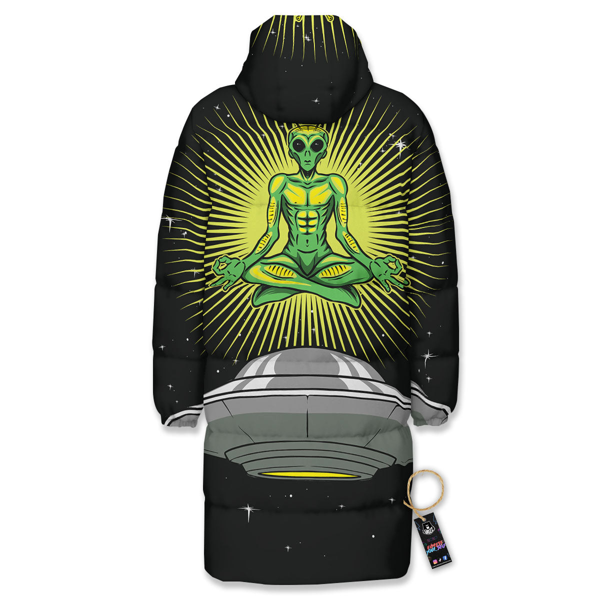 UFO Space Green Alien Print Long Down Jacket-grizzshop