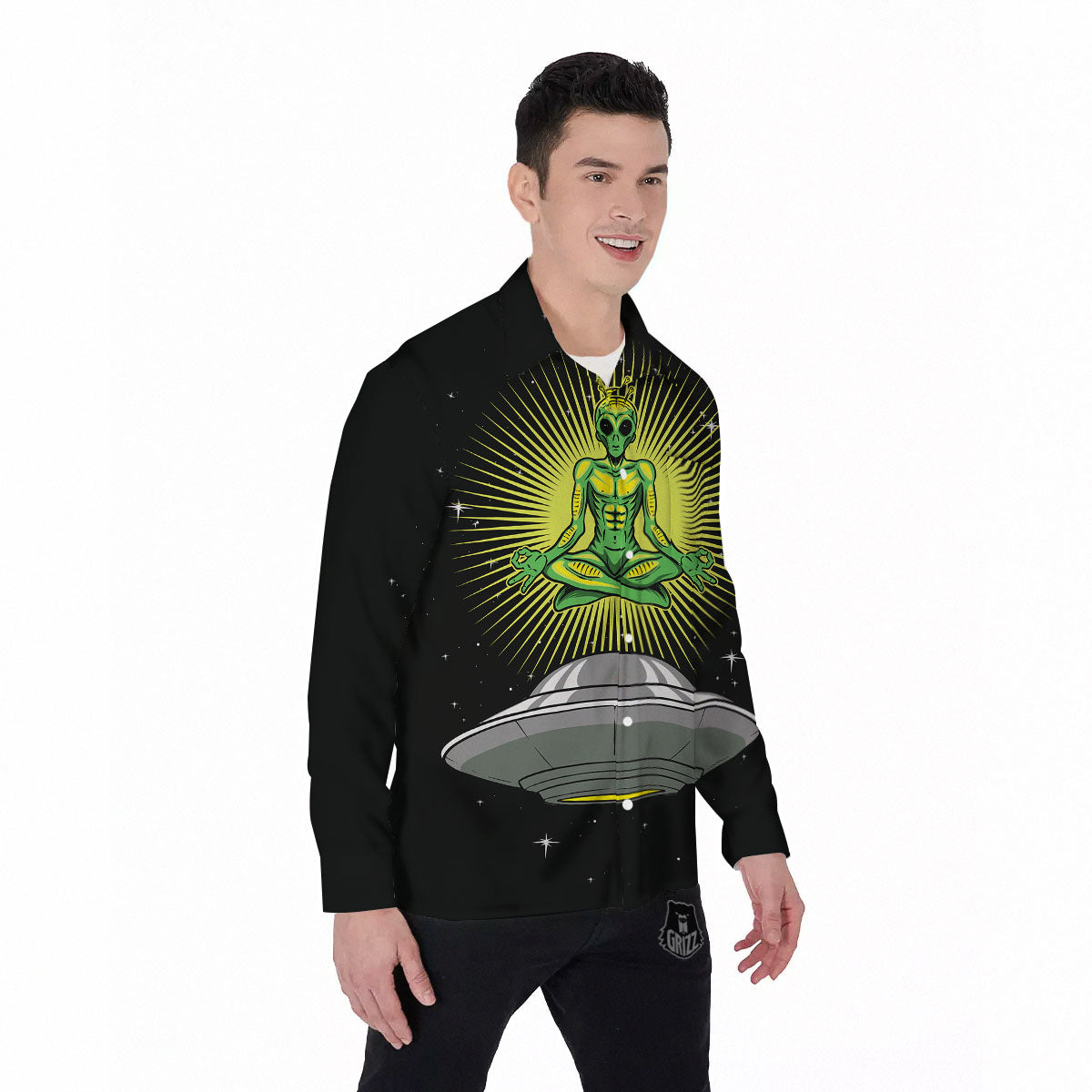UFO Space Green Alien Print Men's Long Sleeve Shirts-grizzshop
