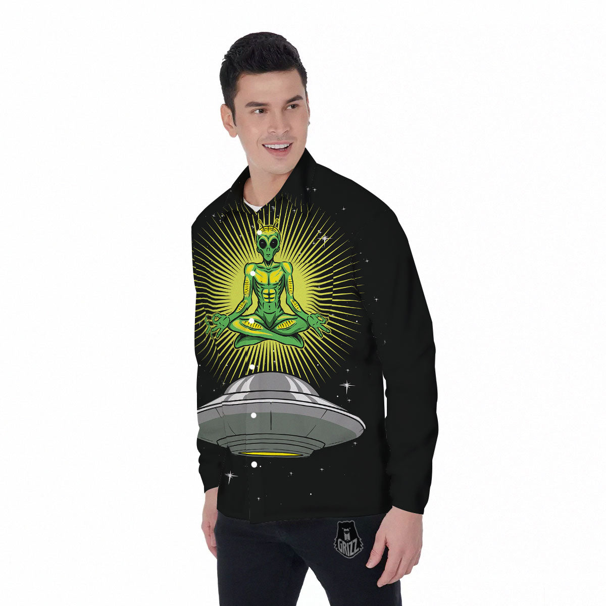 UFO Space Green Alien Print Men's Long Sleeve Shirts-grizzshop
