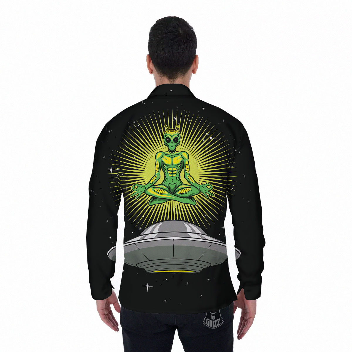 UFO Space Green Alien Print Men's Long Sleeve Shirts-grizzshop