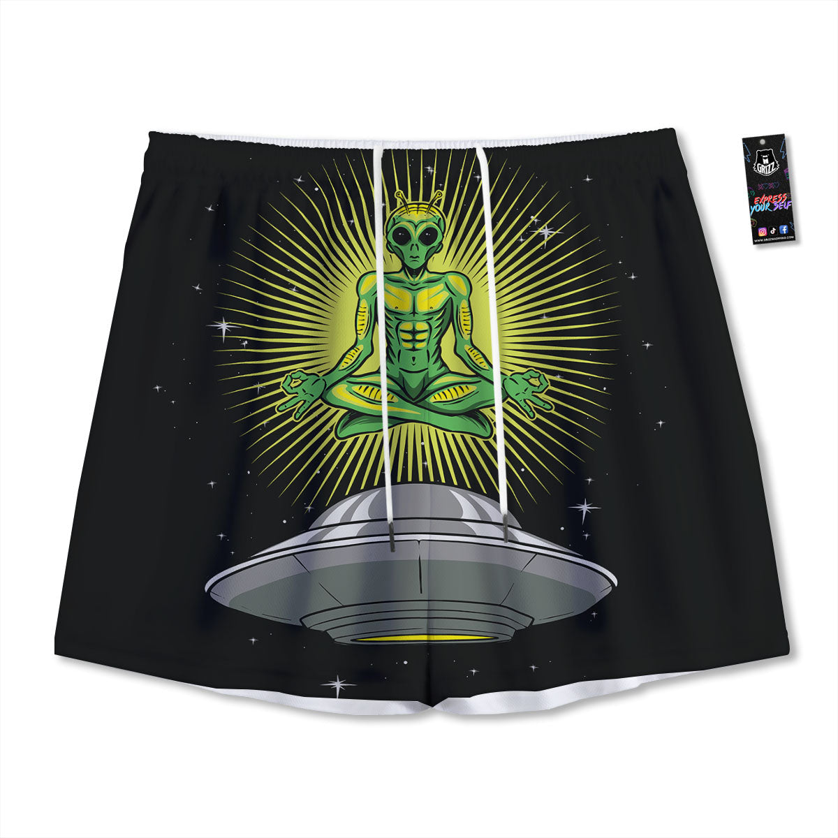 UFO Space Green Alien Print Mesh Shorts