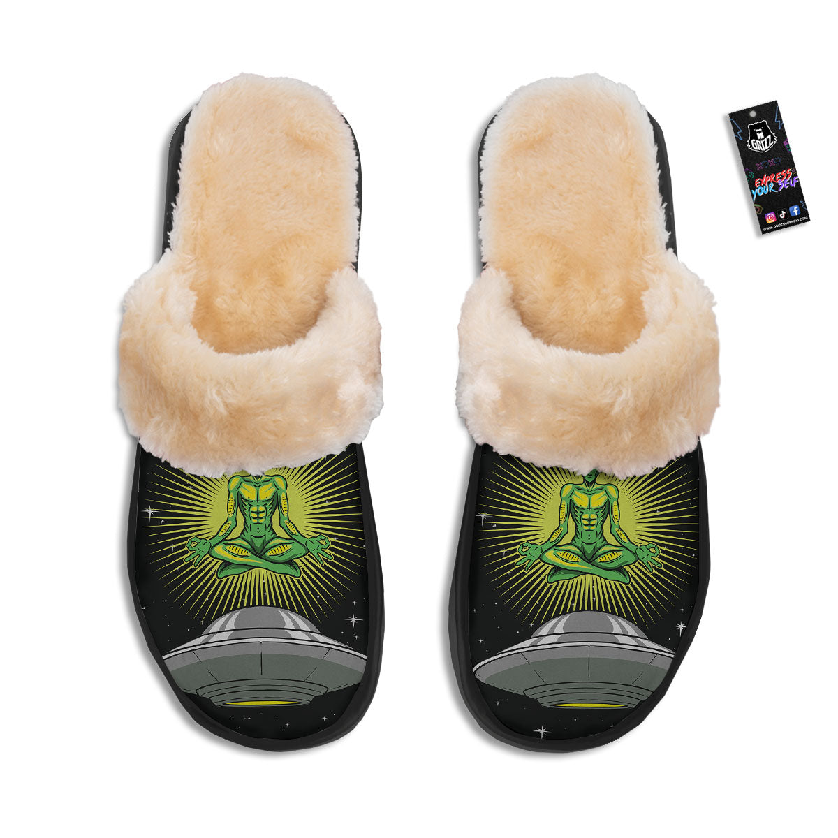UFO Space Green Alien Print Slippers-grizzshop
