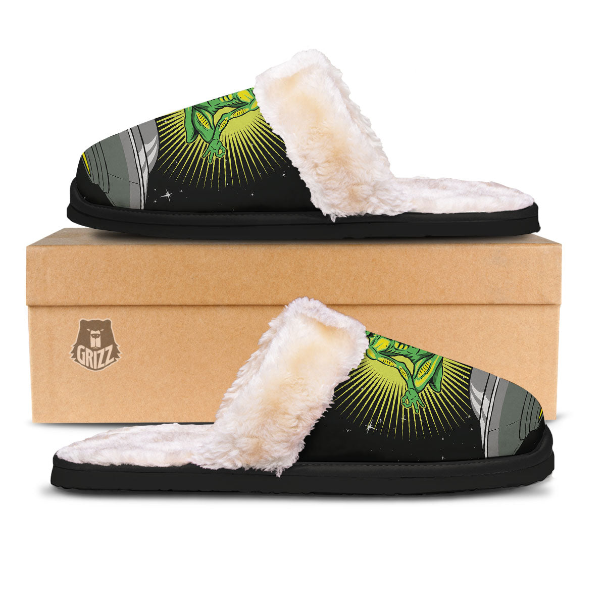 UFO Space Green Alien Print Slippers-grizzshop