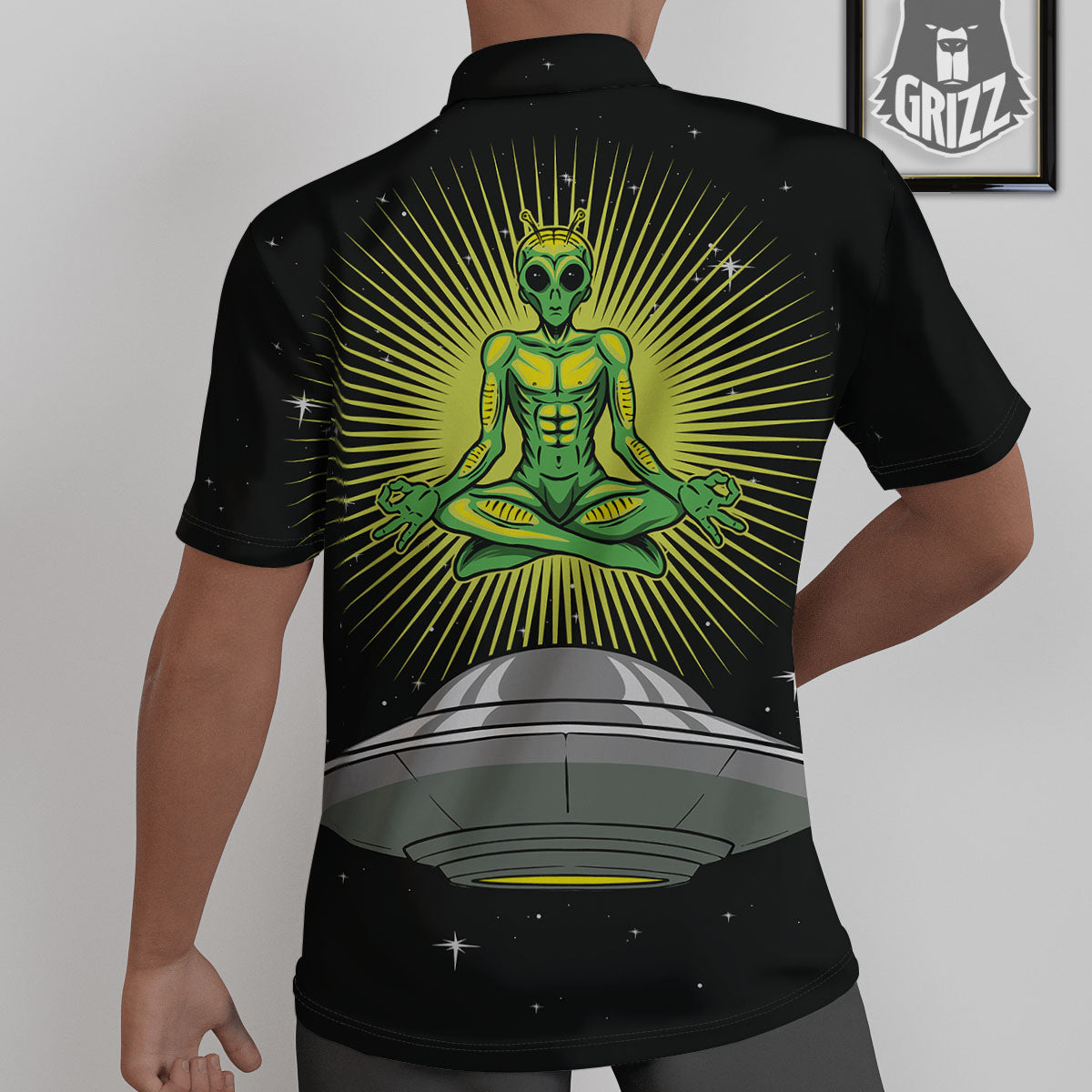 UFO Space Green Alien Print Untucked Shirts-grizzshop