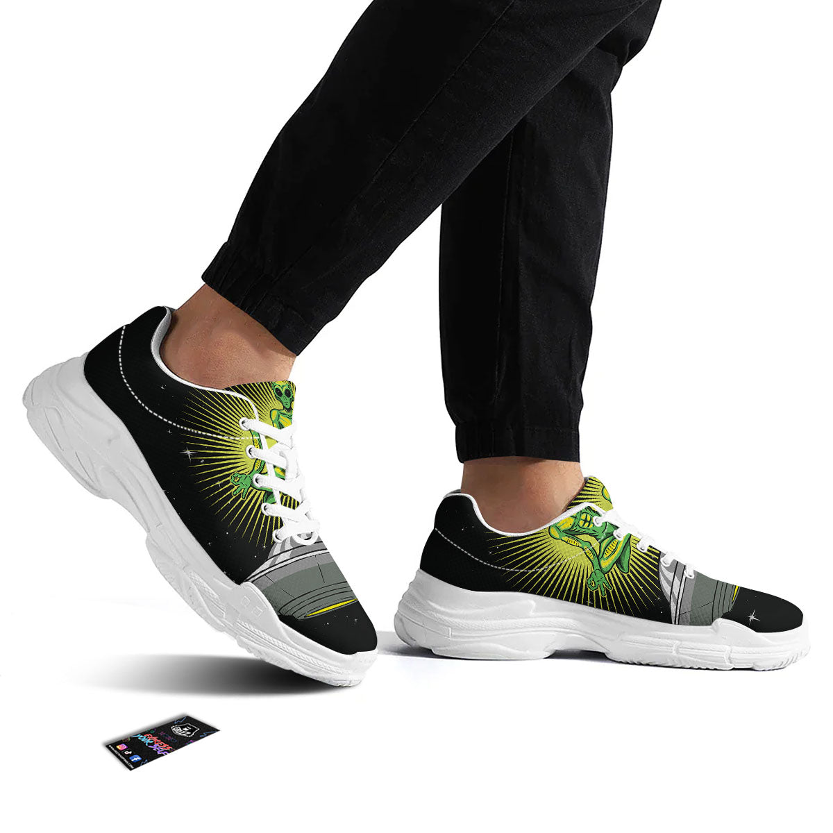 UFO Space Green Alien Print White Chunky Shoes-grizzshop