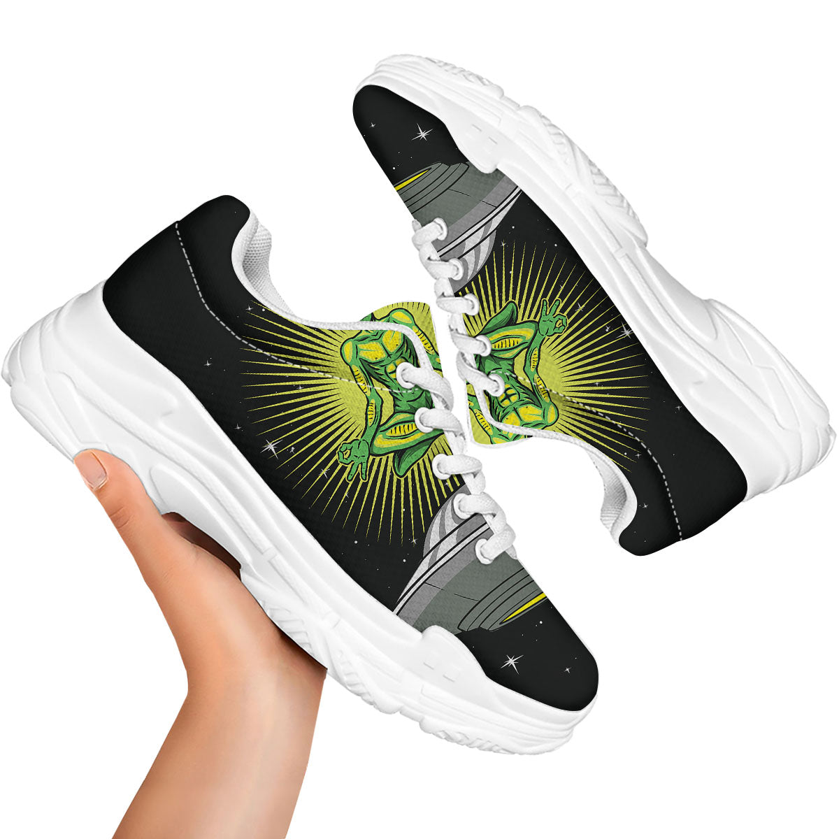 UFO Space Green Alien Print White Chunky Shoes-grizzshop